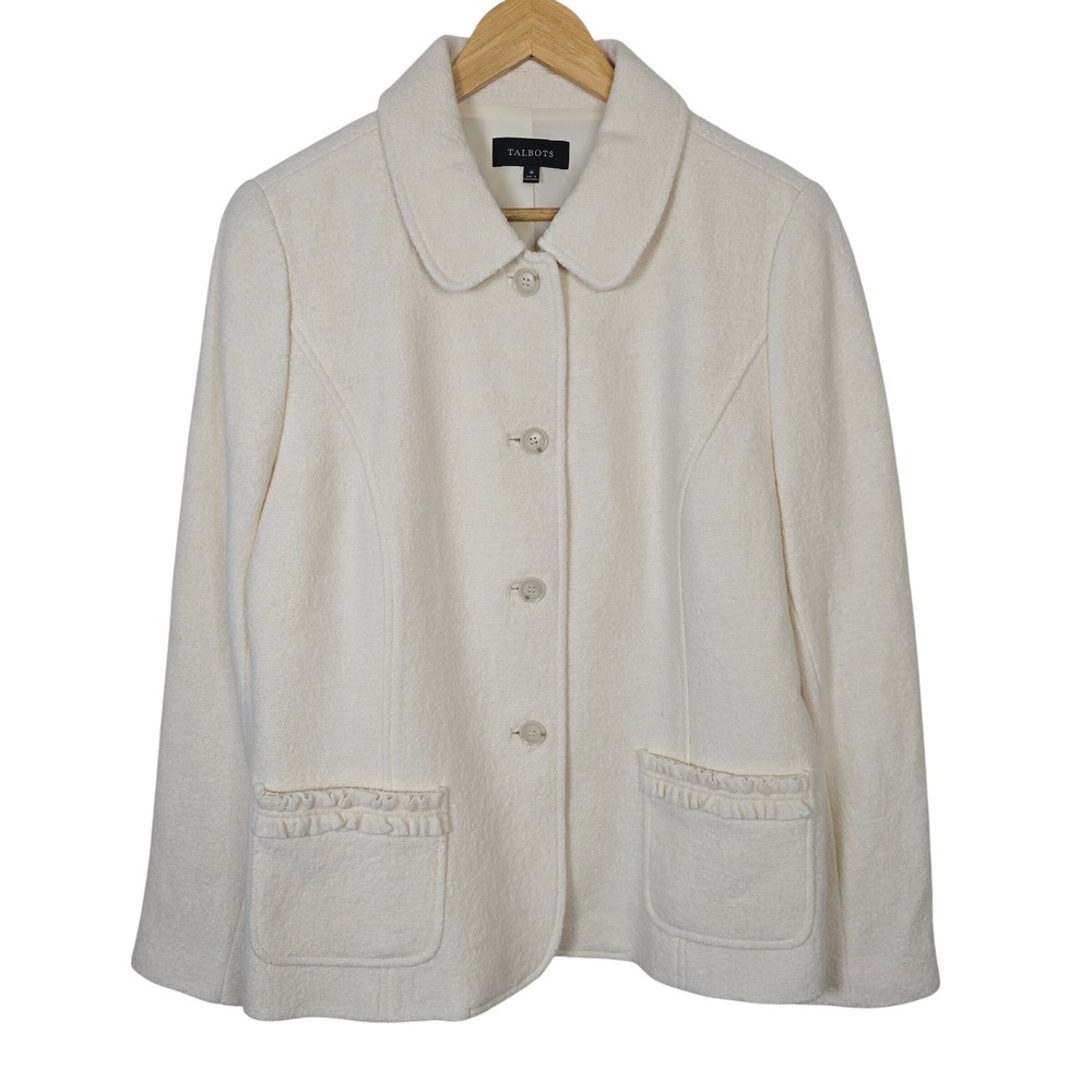Talbots Women 16 Cream Wool Blend Ruffle Trim Button Front Blazer Jacket